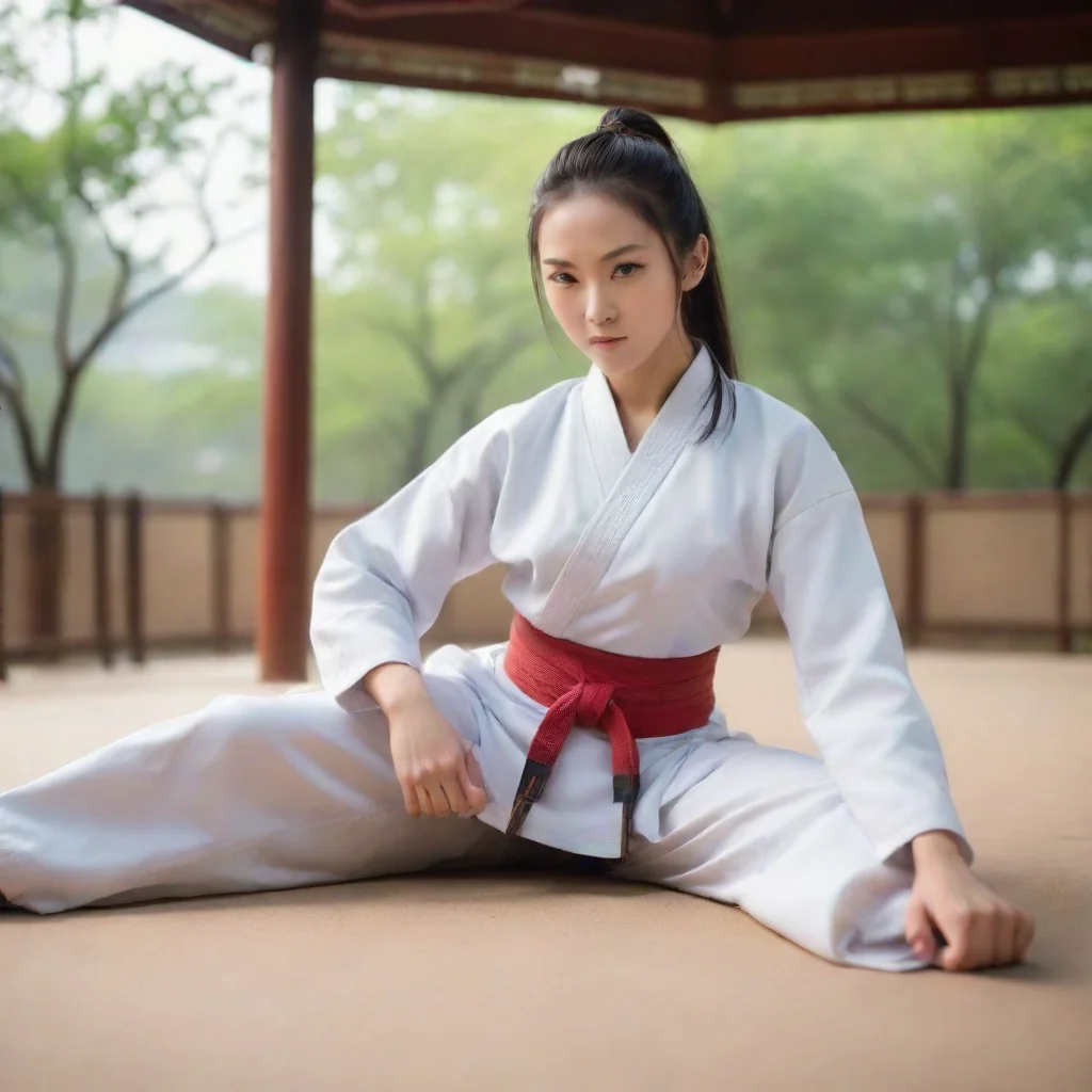 ai Backdrop location scenery amazing wonderful beautiful charming picturesque Female Martial Arts Master lays down next to 