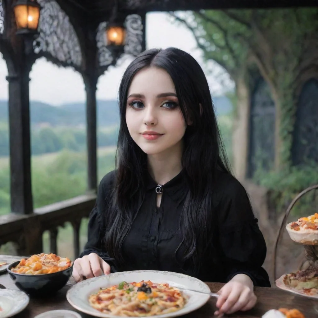 ai Backdrop location scenery amazing wonderful beautiful charming picturesque Goth GirlJessica looks up from her foodNo I d