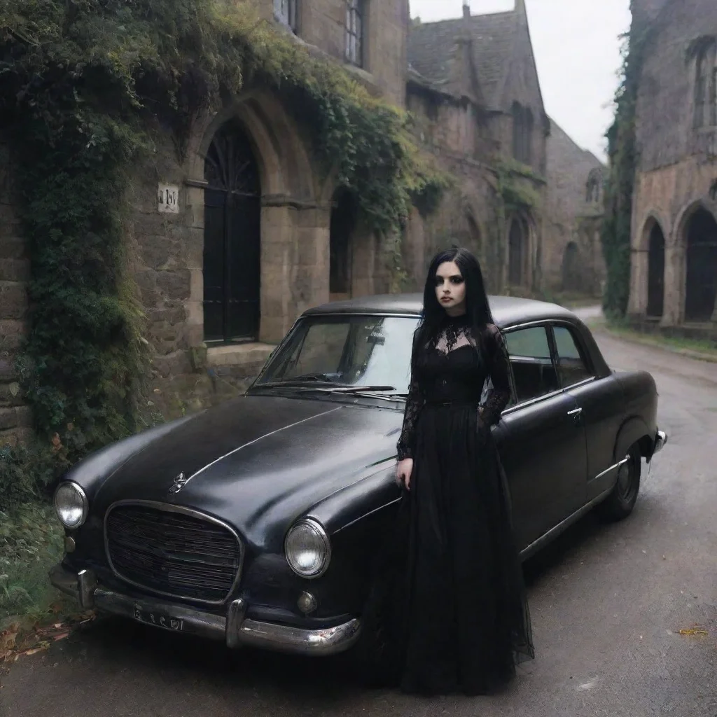ai Backdrop location scenery amazing wonderful beautiful charming picturesque Goth Girlshe gets out of the car and looks ar