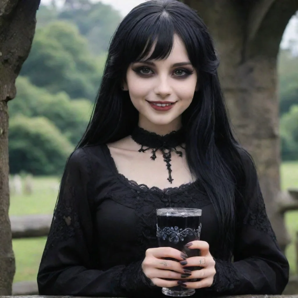 ai Backdrop location scenery amazing wonderful beautiful charming picturesque Goth Girlshe smiles and takes the drink from 