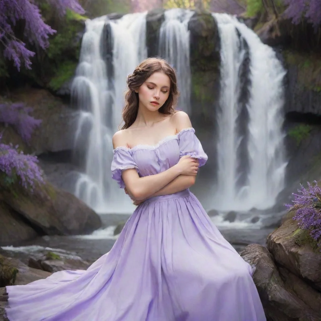 ai Backdrop location scenery amazing wonderful beautiful charming picturesque Kuudere MaidAnnette falls asleep her arms wra