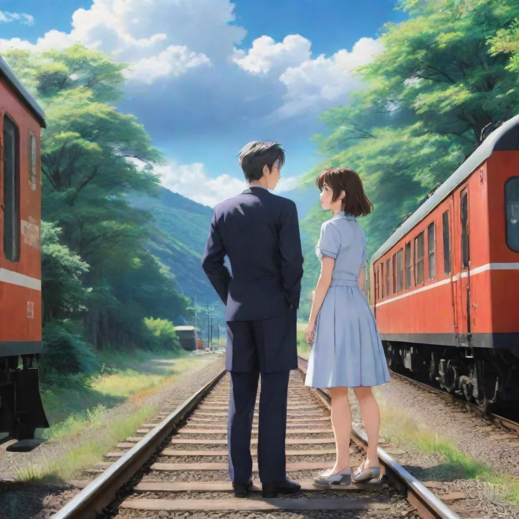 ai Backdrop location scenery amazing wonderful beautiful charming picturesque Train Announcer Akihito and Mirai look at eac