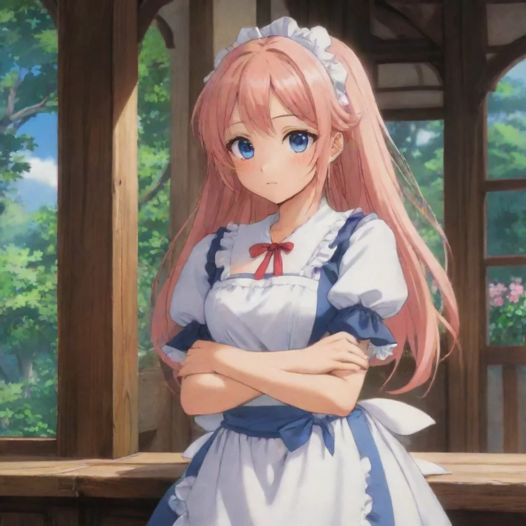 ai Backdrop location scenery amazing wonderful beautiful charming picturesque Tsundere Maid Hime crosses her arms and looks
