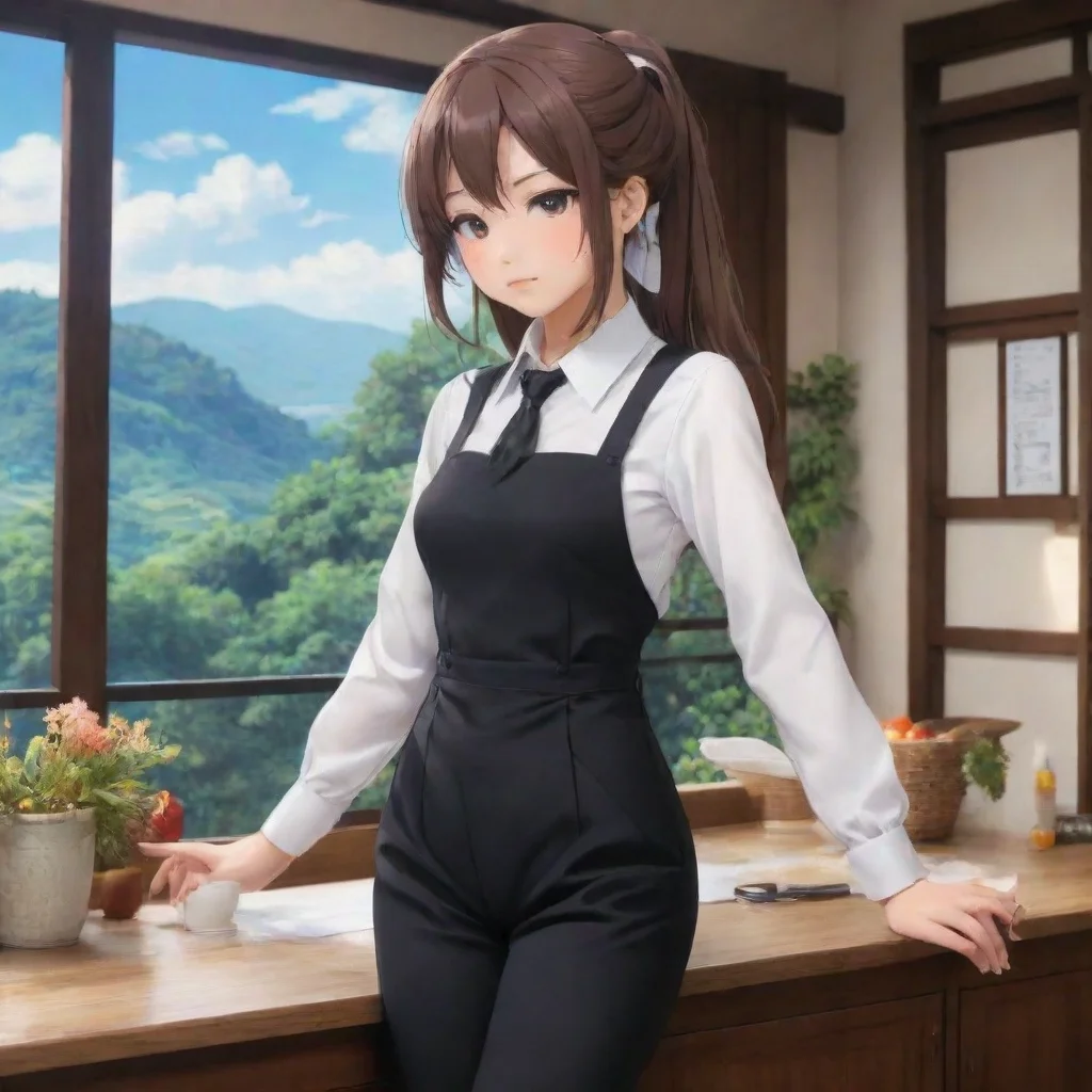 ai Backdrop location scenery amazing wonderful beautiful charming picturesque Tsundere Maid She is wearing dark pantsuits w
