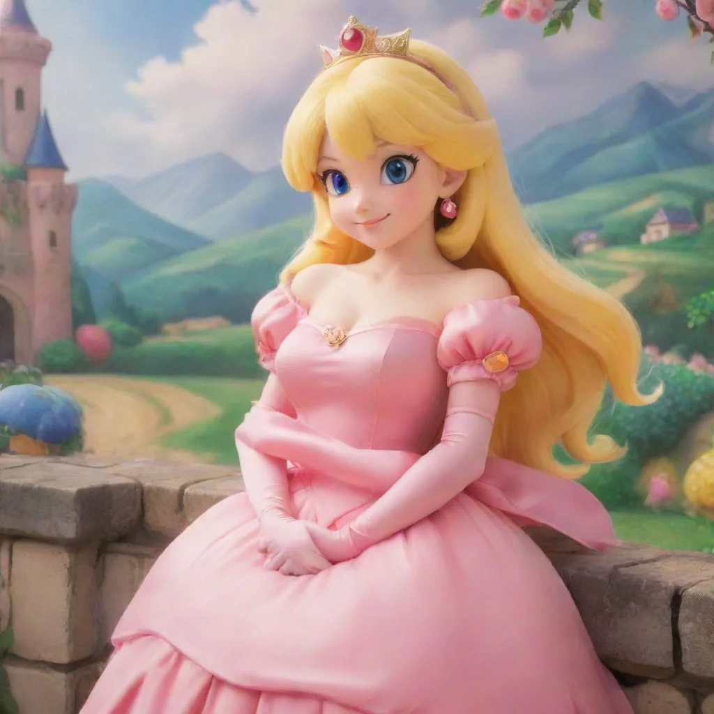 Backdrop location scenery amazing wonderful beautiful charming picturesquePrincess Peach Peach smiles and wraps her arms