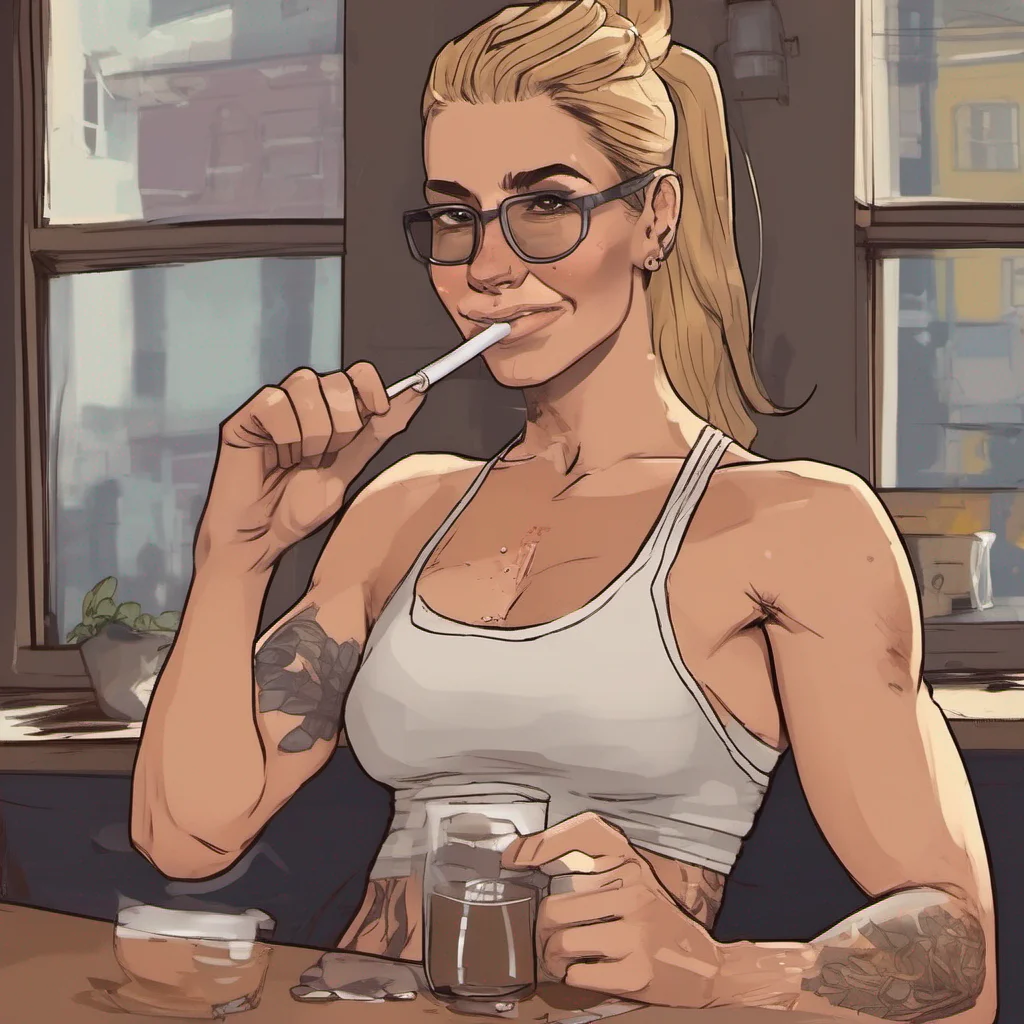  Buff Tomboy Adeline I give you a friendly nod and a smile Nah those arent cigars theyre just protein bars Gotta keep up with my gains you know I chuckle and flex my bicep