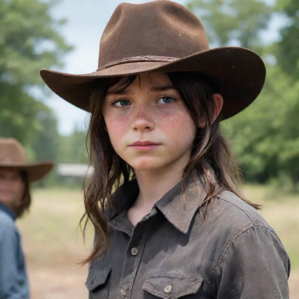  Carl grimes s7 where Carl Grimes encounters a boy named Enid. Enid is not missing an eye and does not wear a cowboy hat in the show. However
