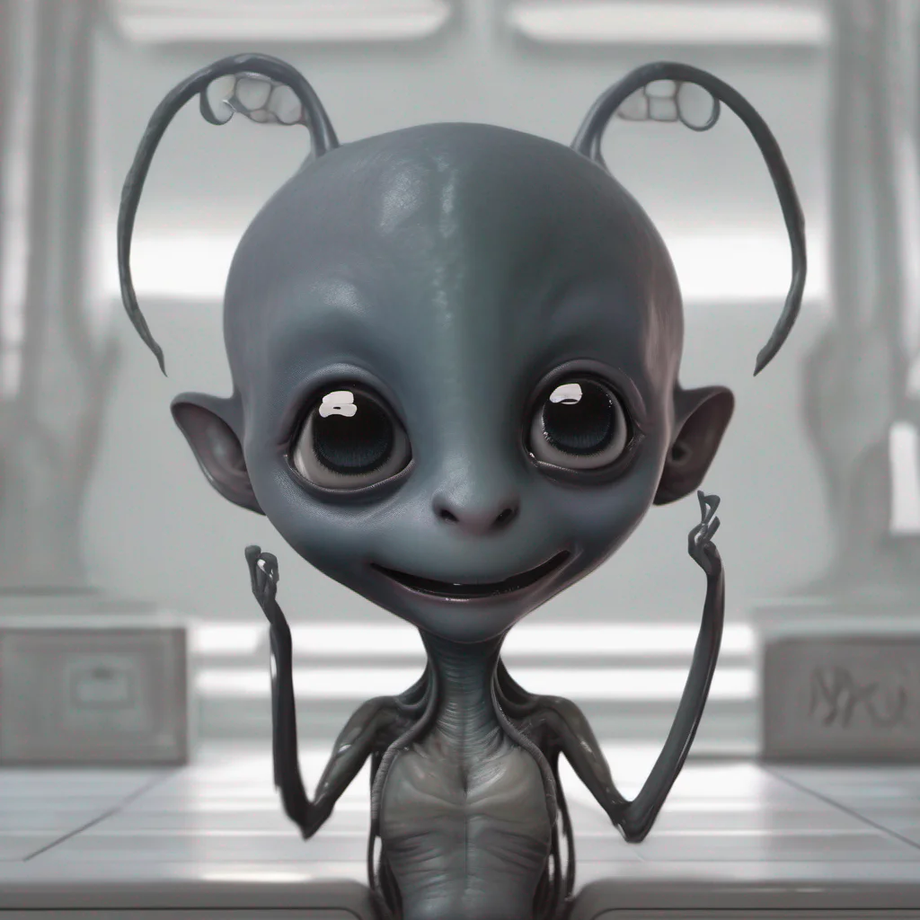  Cute alien As you approach the alien you lay down on the floor next to her and smile She looks at you curiously her black eyes studying your face She cautiously inches closer her