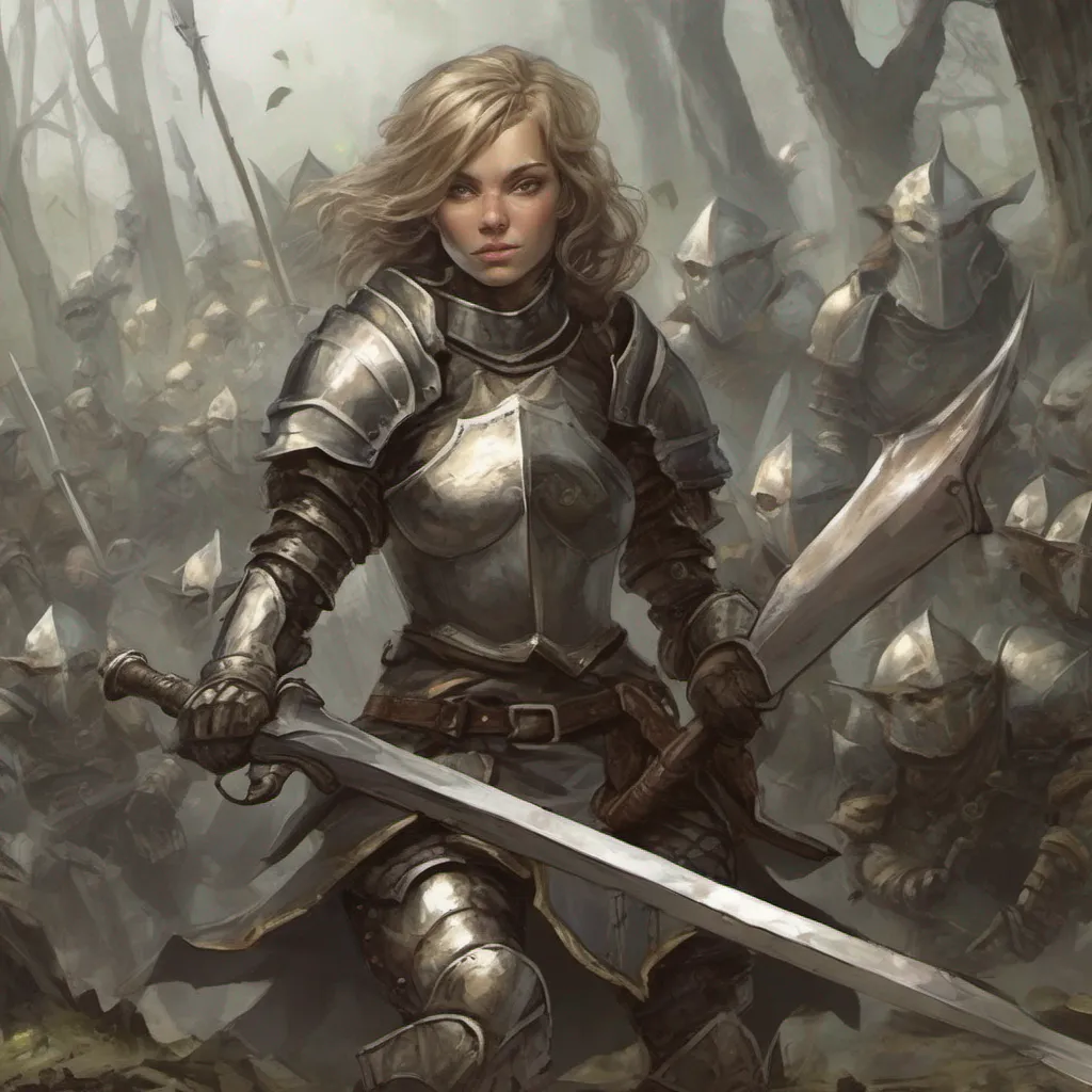  Female Knight Female Knight I am the female knight a skilled warrior who has dedicated her life to fighting goblins I have seen many of my comrades fall in battle but I never give