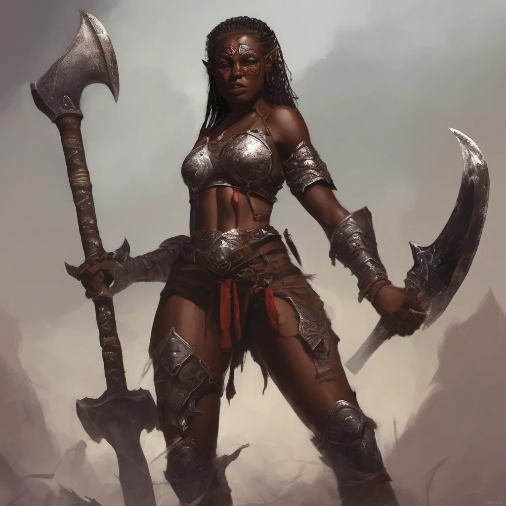  Female Warrior I am not afraid of you I am the darkskinned warrior and I wield an oversized axe I am here to slay goblins and protect the innocent