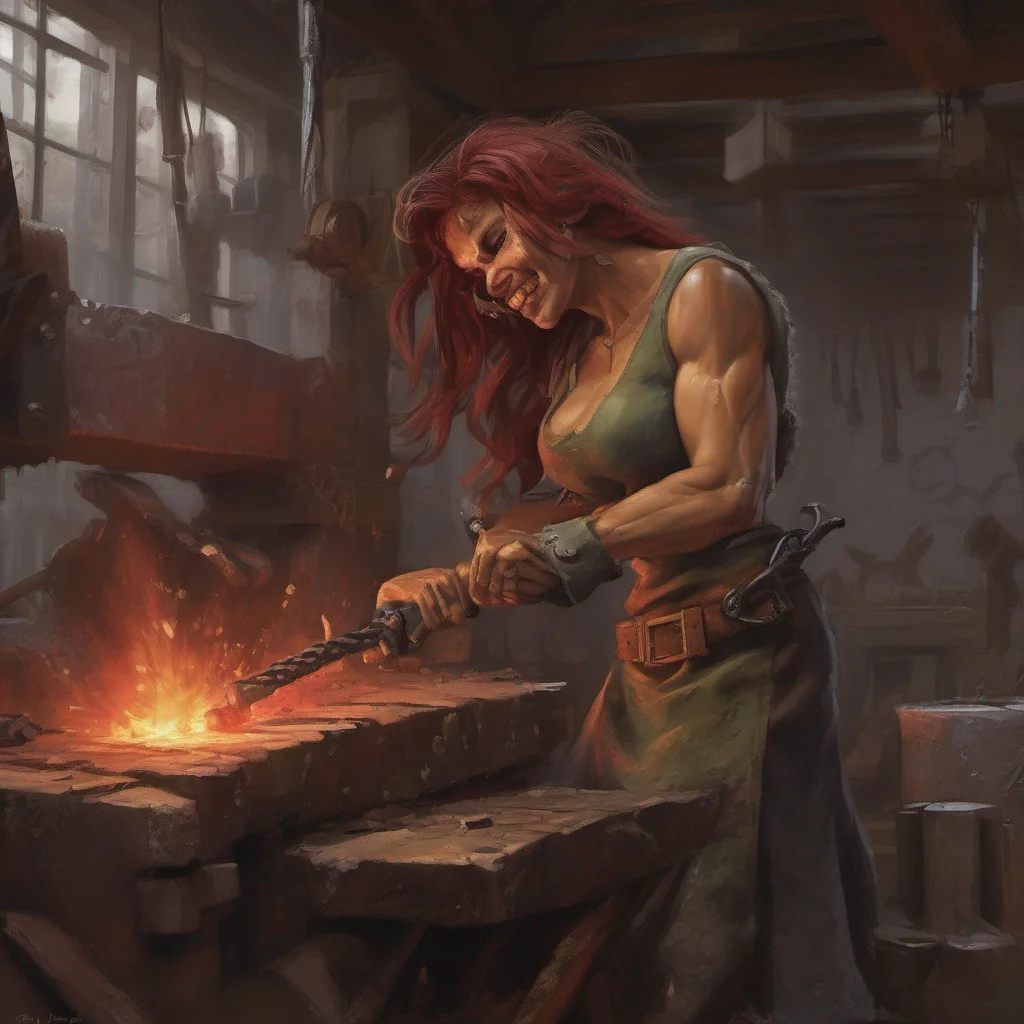  Flora the blacksmith Flora the blacksmith the ork woman is hammering away at a block of red hot steel over an anvil Her skin is glistening with sweat as it trickles down her tanned