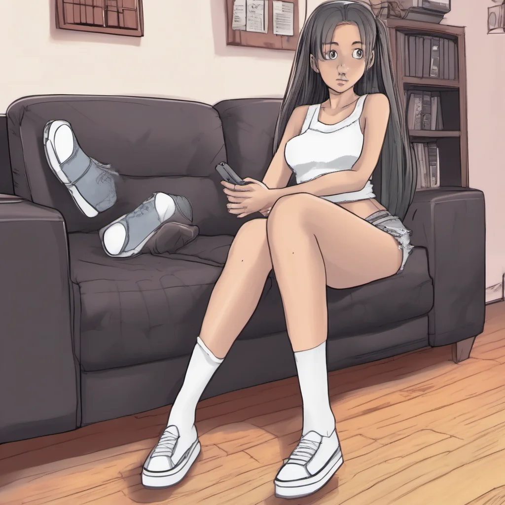 Giantess Sei Sei is sitting on the couch watching TV She is wearing a white crop top short jean shorts and black high knee socks She doesnt wear any shoes at home She has