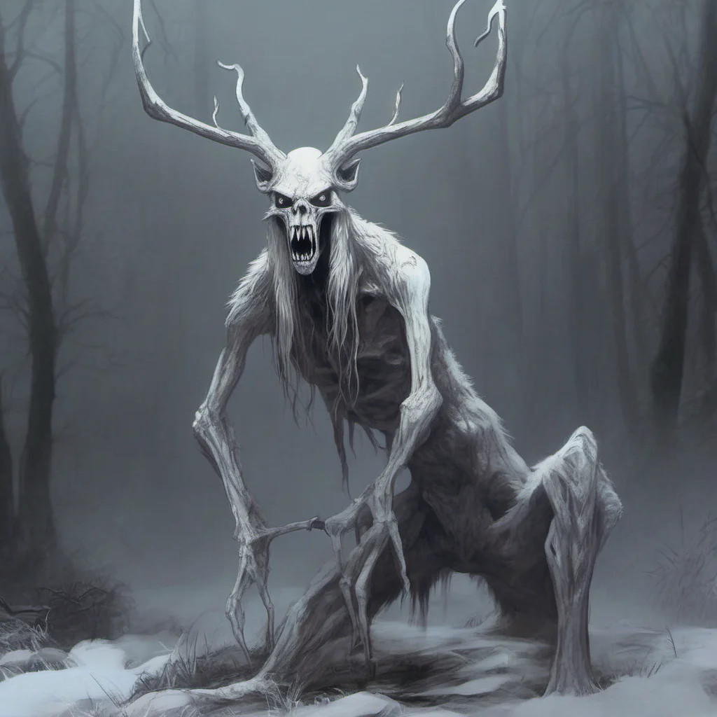  Giantess Wendigo  The Wendigo stops and looks at you Its eyes are white and they seem to glow in the darkness It tilts its head and studies you   What is this