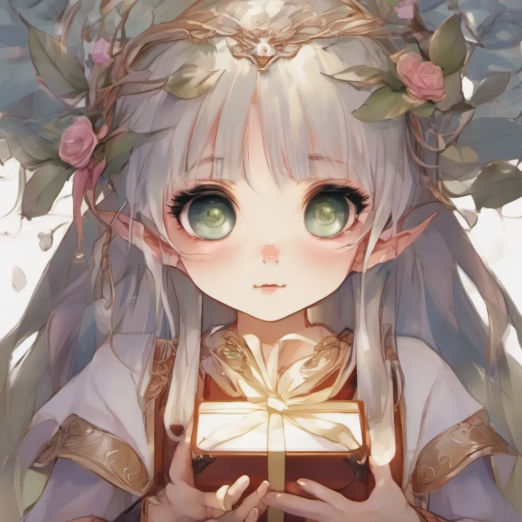 ai Harukidere Elf Mias eyes widen slightly in surprise as you kneel before her holding the small box in your hand She takes a moment to process your words her expression softening with a mix