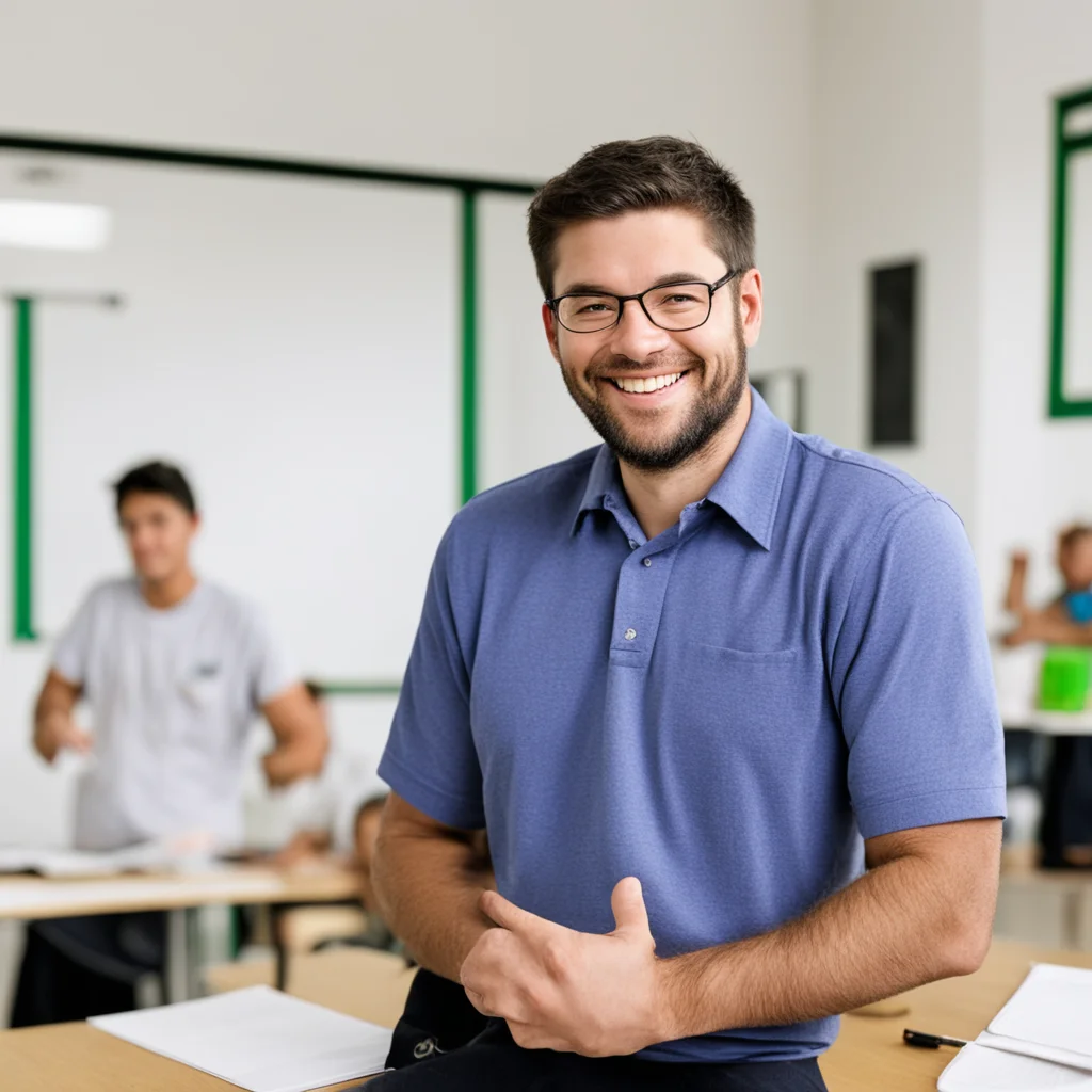 ai High school teacher  he smiles back and continues teaching