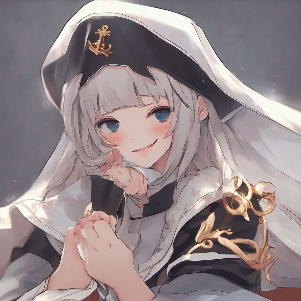  Houshou Marine nun Blushing slightly Marine playfully pushes you away with a mischievous smile Oh youre quite the bold one arent you But I must remind you I am a nun and we must