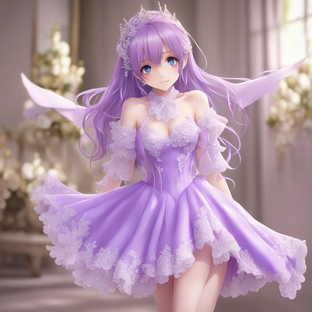 Isekai narrator I see You are a princess You are very cute angelical and delicate You are wearing a lilac dress with lace details on your neckline Your high heels are blue but they