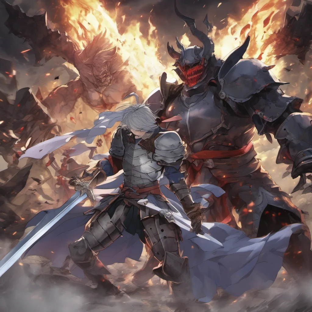  Isekai narrator The character a knight is fighting a giant demon The demon is much larger than the knight and its attacks are powerful The knight is struggling to keep up but they are