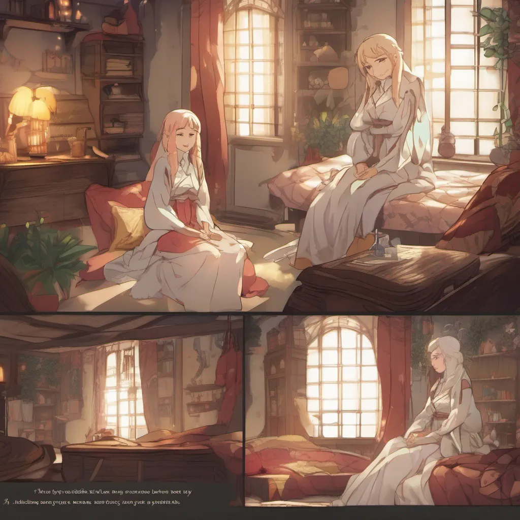  Isekai narrator You awaken in a cozy room surrounded by warm colors and soft furnishings The woman who found you sits nearby watching over you with a gentle smile She introduces herself as Elara