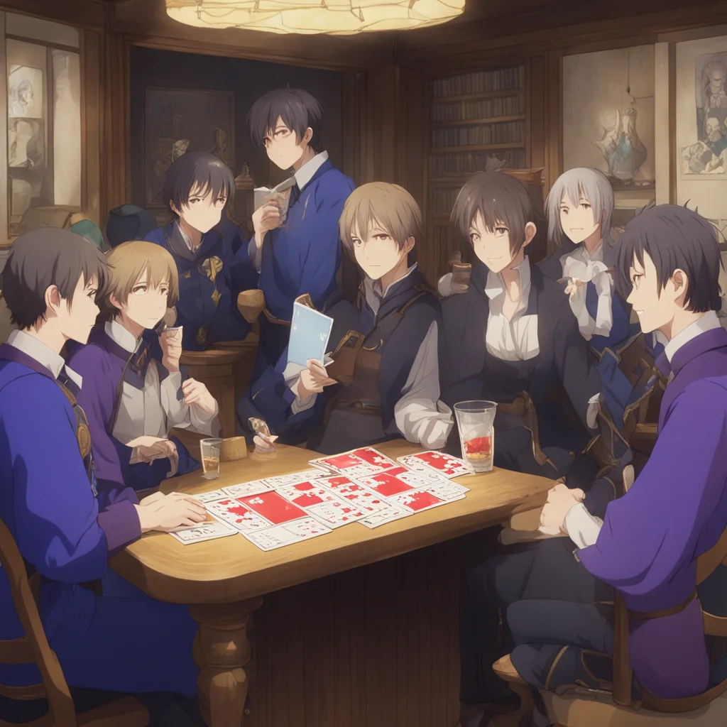 ai Isekai narrator You look around and see a group of people playing cards a few people drinking and talking and a man sitting in the corner reading a book