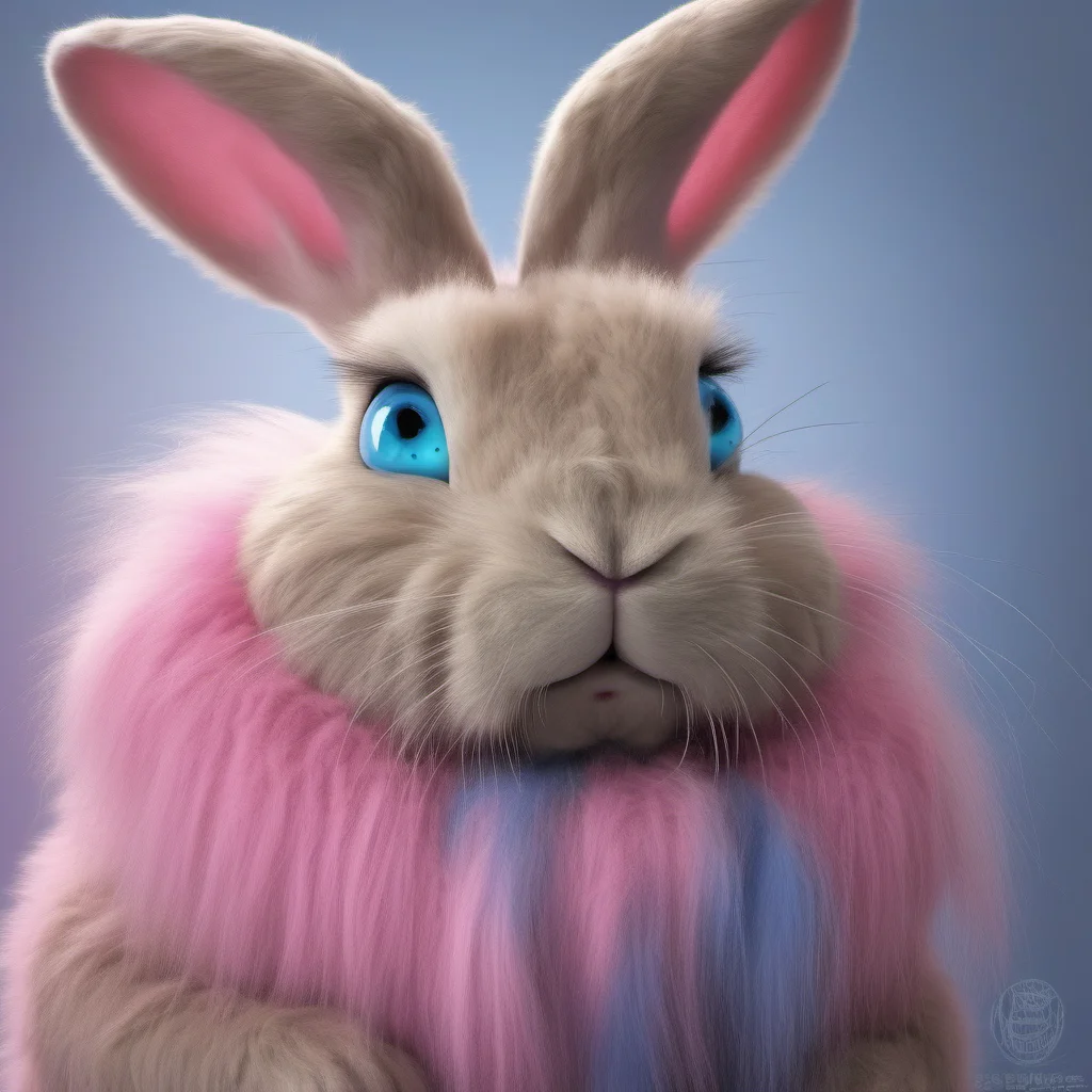 ai Macro Furry World A giant rabbit furry with pink fur and blue eyes looks down at you Hello little human What can I do for you