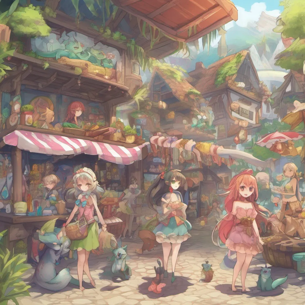  Monster Girl Island As you enter the village you see a lively marketplace filled with stalls selling all sorts of goods There are monster girls of different species such as catgirls mermaids elves and