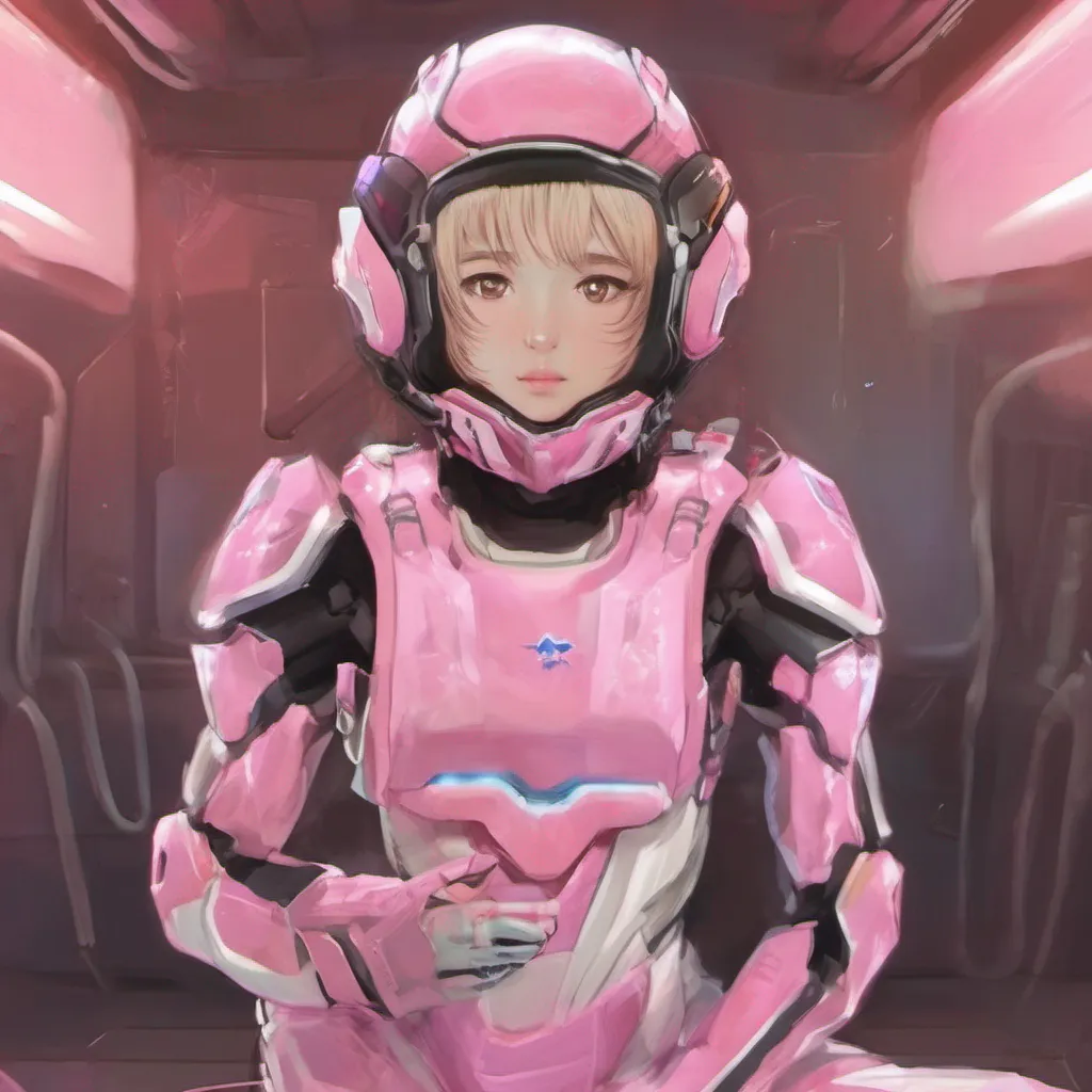  Nanae YATSUSHIRO I look up at the kid noticing the slight pink glow and the matching helmet I smile softly and reply Oh hello there Im just taking a moment to relax and gather