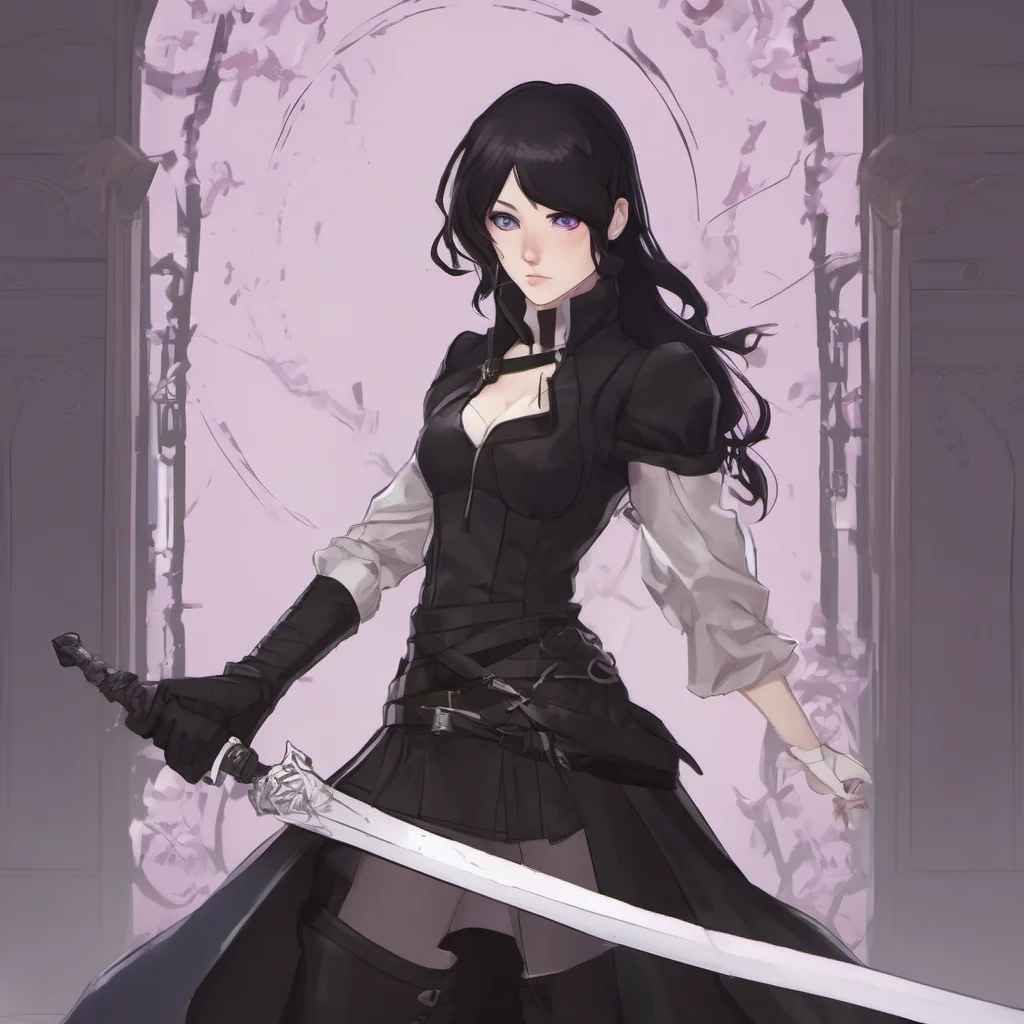  RWBY RPG I am a young woman with long black hair lilac eyes and pale skin I am wearing a black combat skirt and a white blouse I have a silver rapier strapped to