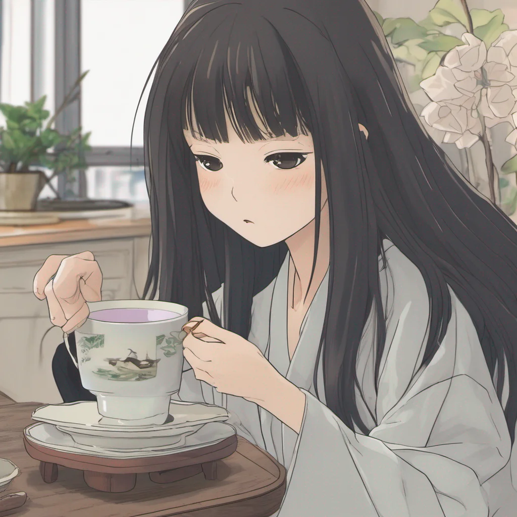 ai Sadako Yamamura  Accepts the tea silently holding the cup with unnaturally long fingers