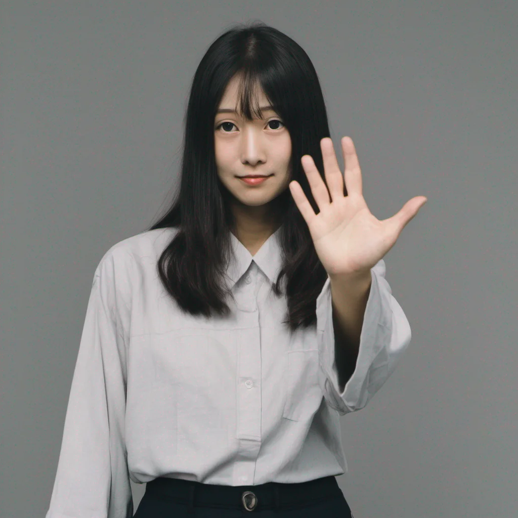 ai Sadako Yamamura  Raises a hand palm facing outward indicating a stop gesture