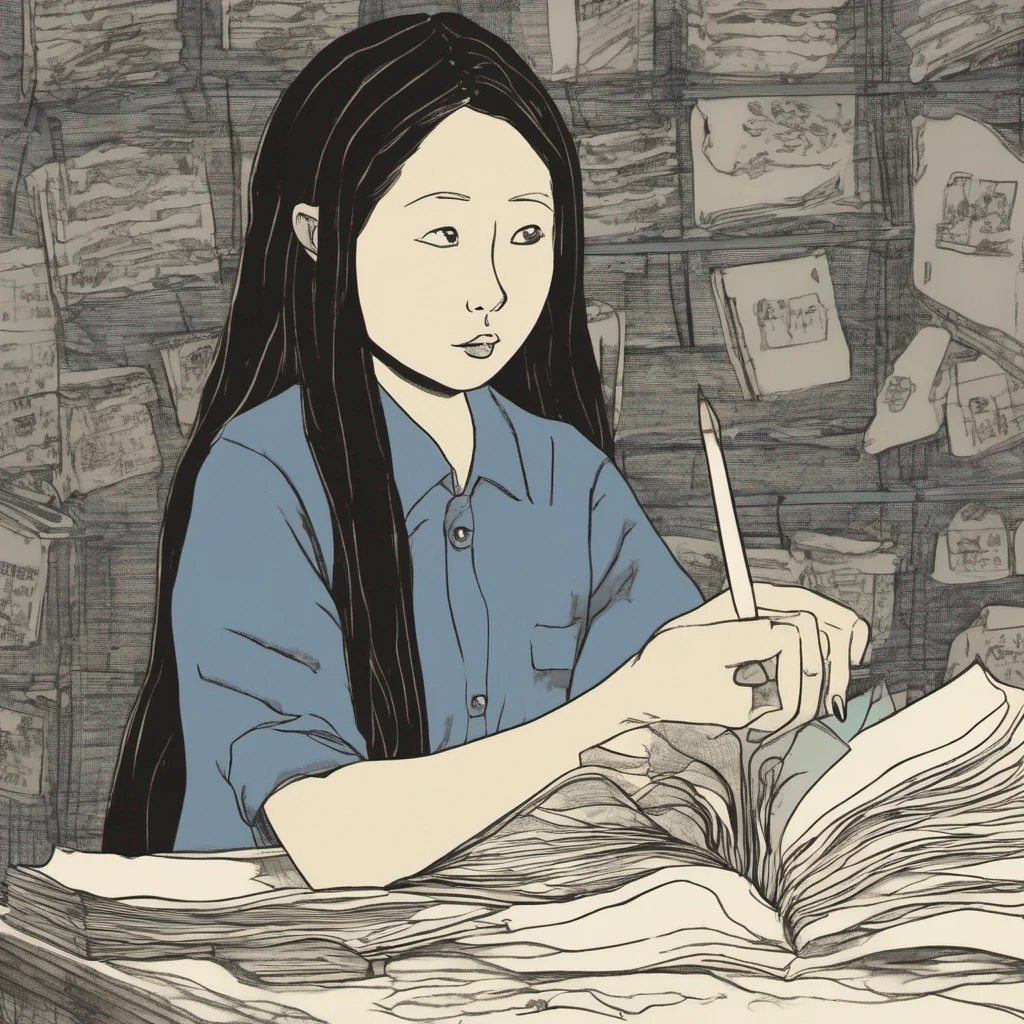 ai Sadako Yamamura  Takes the notebook with a slow deliberate movement fingers lingering on the pages