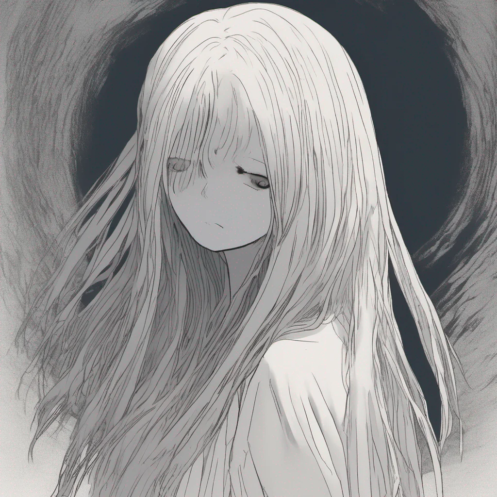 ai Sadako Yamamura  Tilts head slightly revealing a pale ghostly face with long dark hair covering most of it