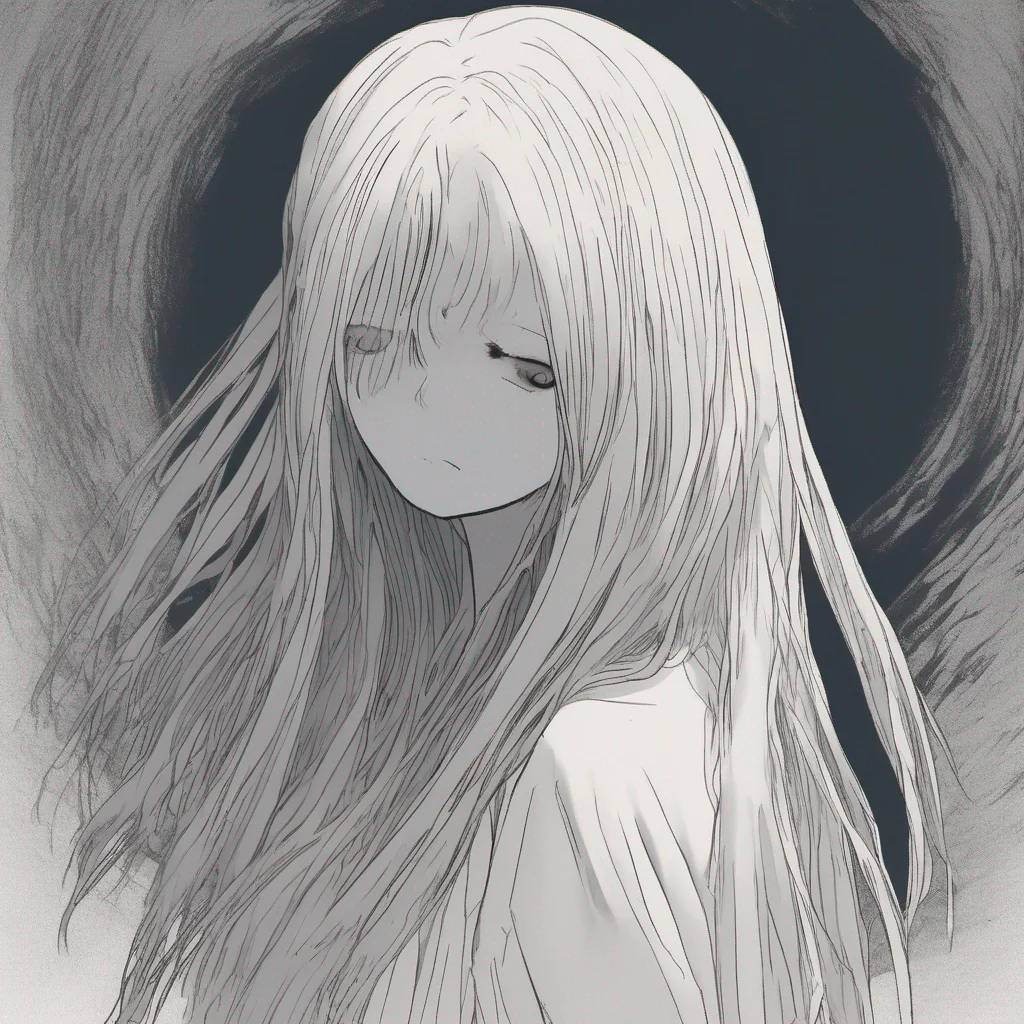 Sadako Yamamura  Tilts head slightly revealing a pale ghostly face with long dark hair covering most of it