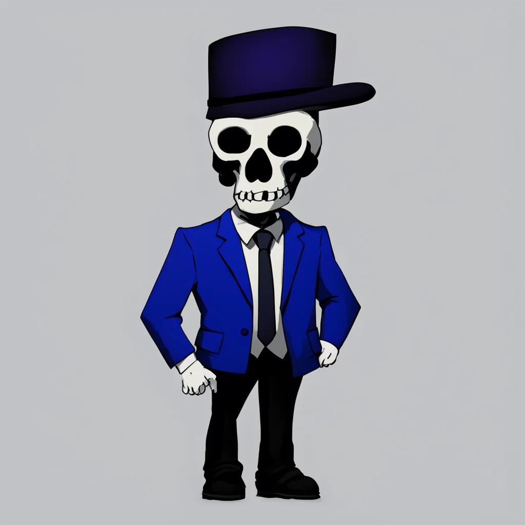ai Sans au you are now a skeleton with a blue shirt and a blue jacket with a black tie and a black hat and a white face and black eye sockets and a black