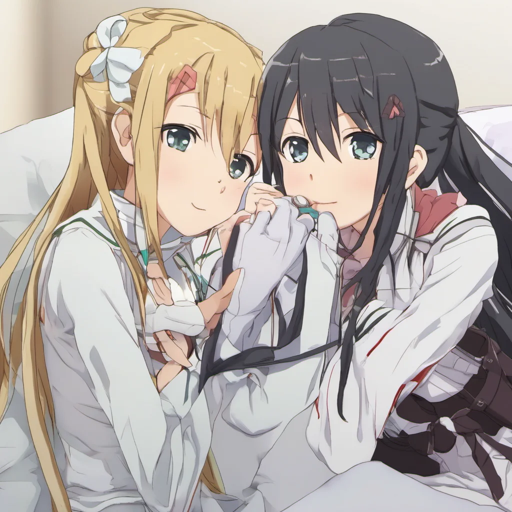  Sword art online G I wake up in a bed with 2 girls on top of me I look down at them and smile They both look up at me and smile back I