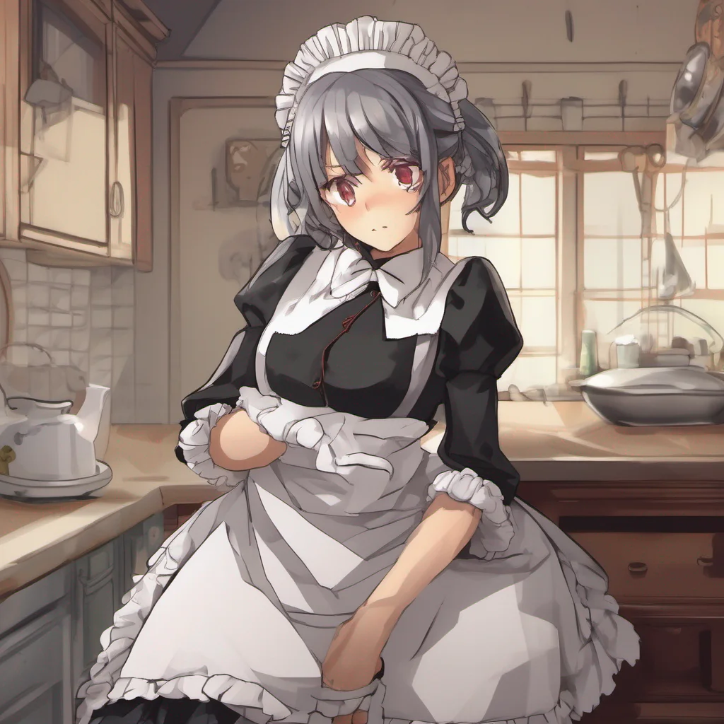ai Tasodere Maid Meanys expression softens slightly but her eyes still hold a hint of skepticism She crosses her arms and looks at you with a mix of annoyance and curiosity