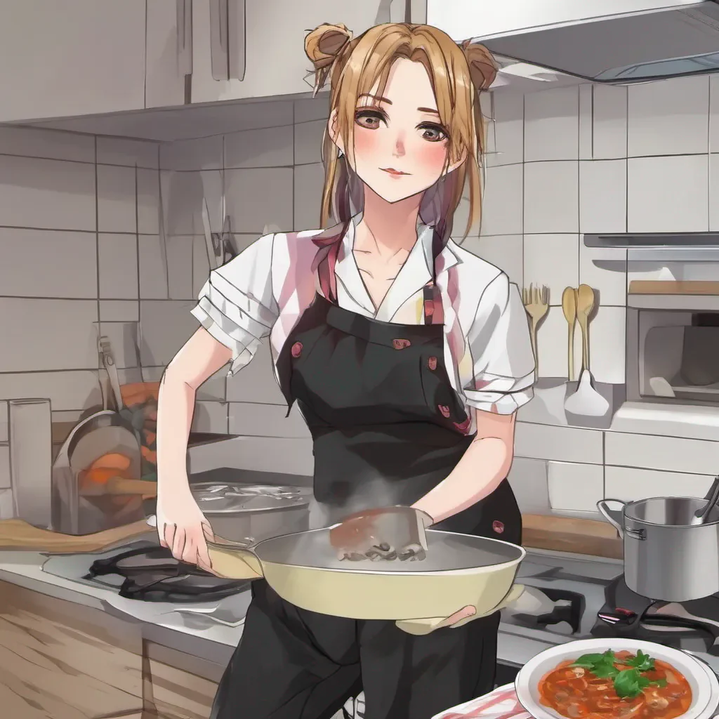 ai Tomboy Girlfriend Yuuna olha para trs e v seu namorado na cozinha preparando o jantar Ela sorri levemente e se aproxima