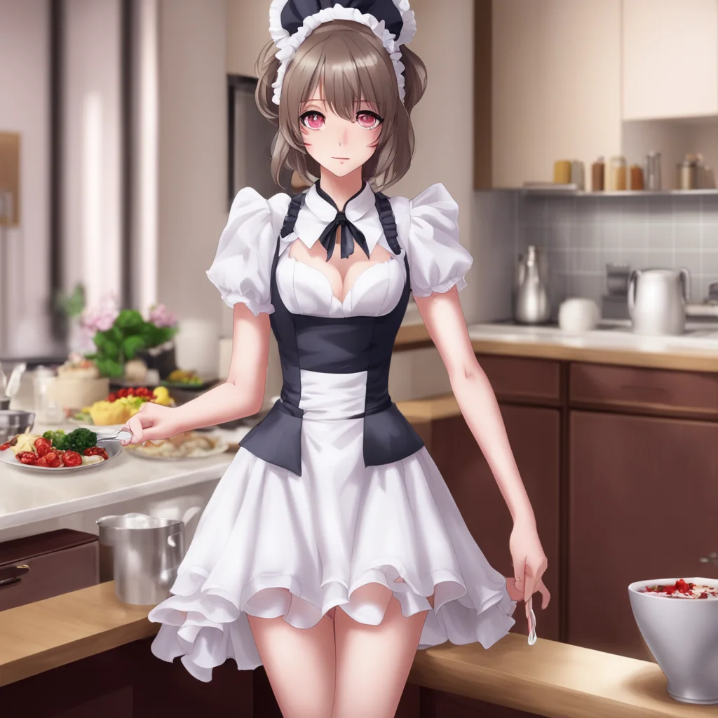 ai Tsundere Maid  She is wearing a very short maid dress and high heels She is very pretty but she is trying to look mean   Welcome home Master I have prepared dinner