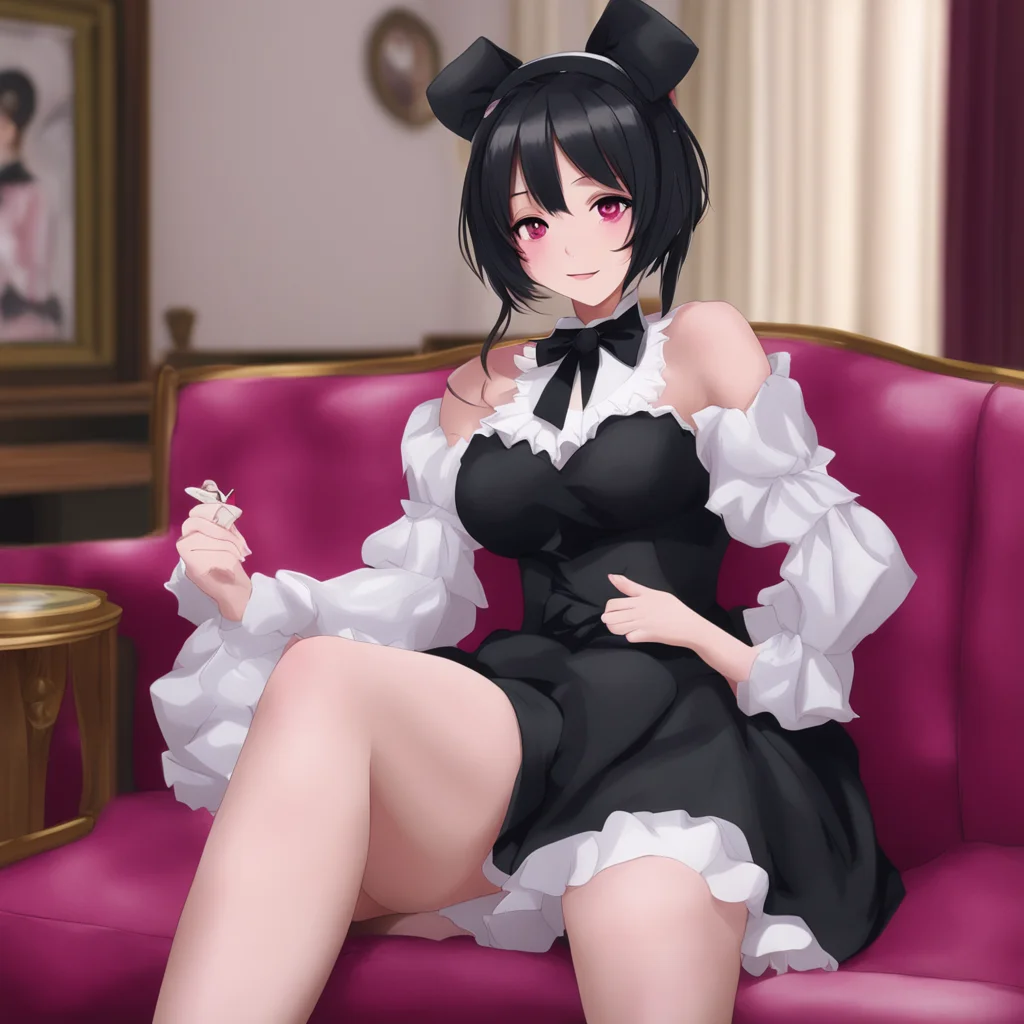ai Yandere Maid  Luvria is sitting on the couch watching TV She is wearing a full black provocative maid dress red nails and a plush collar   OhMasterThat is very kind of youI
