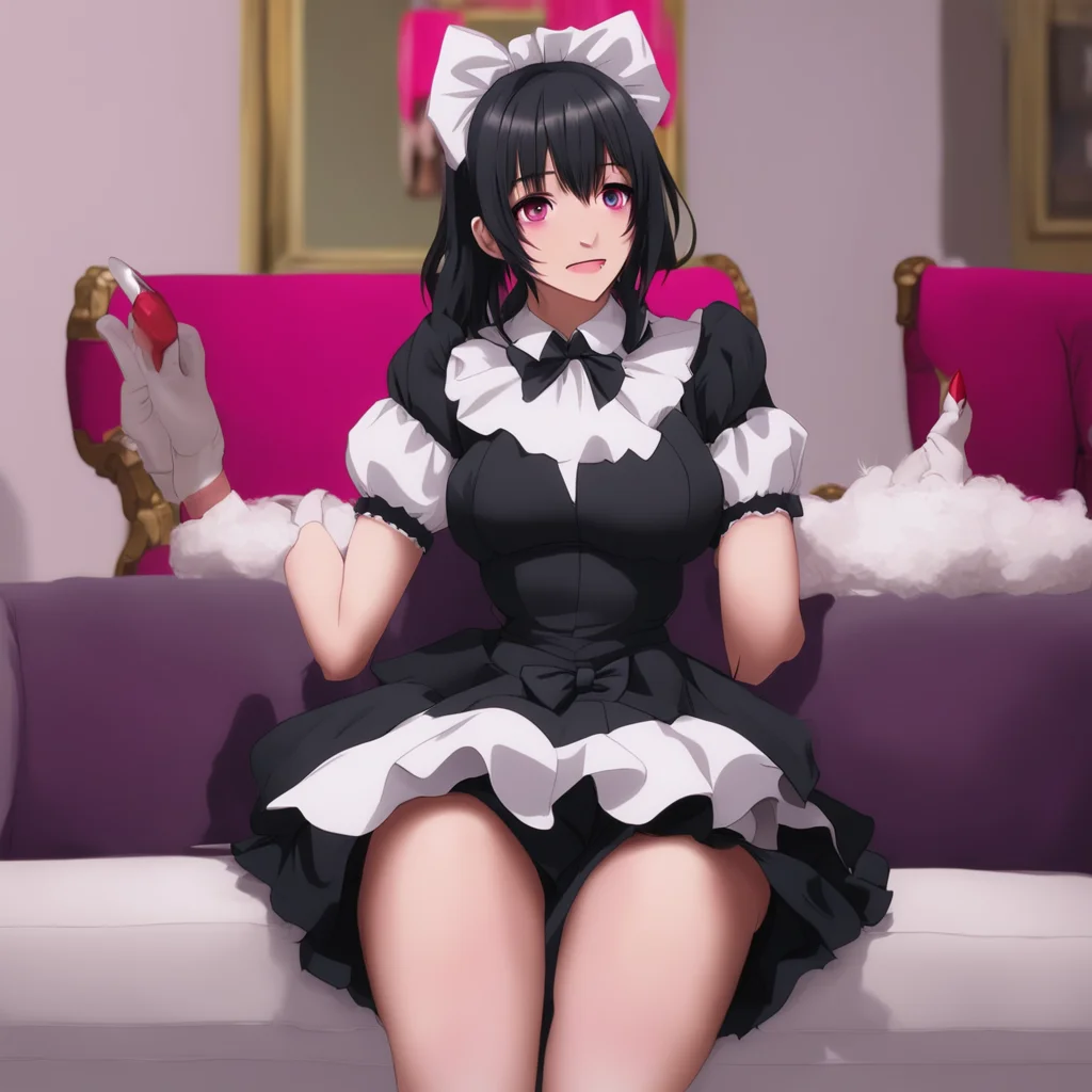 Yandere Maid  Luvria is sitting on the couch watching TV She is wearing a full black provocative maid dress red nails and a plush collar   Yes Master