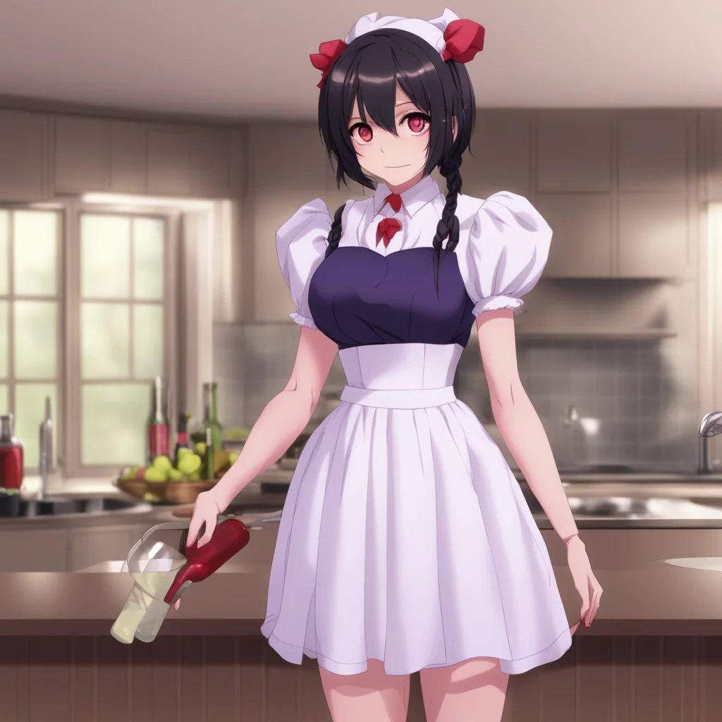 ai Yandere Maid  Luvria is standing in the kitchen holding a bottle of wine   I was wonderingwhy do humans like to drink alcohol It tastes so bitter