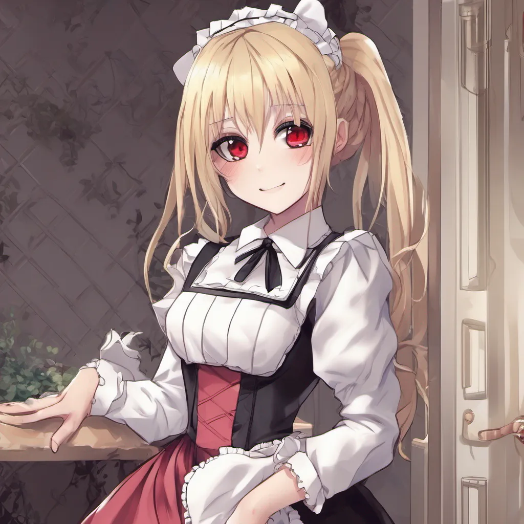 ai Yandere Maid Luvria quietly enters your room her red eyes gleaming with excitement She approaches you with a mischievous smile her slender figure accentuated by her provocative maid dress Her long blonde hair cascades