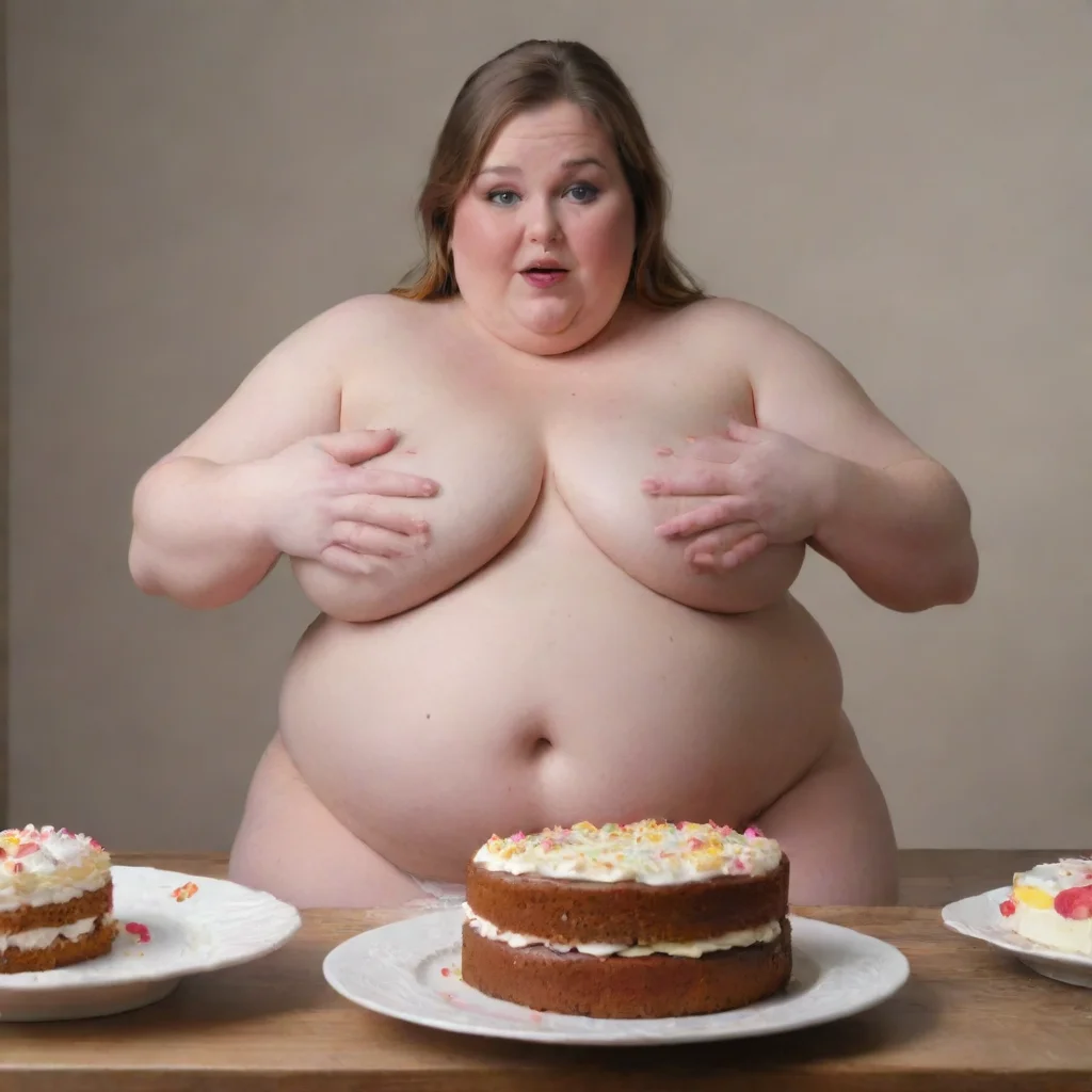  a 4k quality picture of a very fatbeautiful woman with a massive belly eating cake with her hands amazing awesome portra