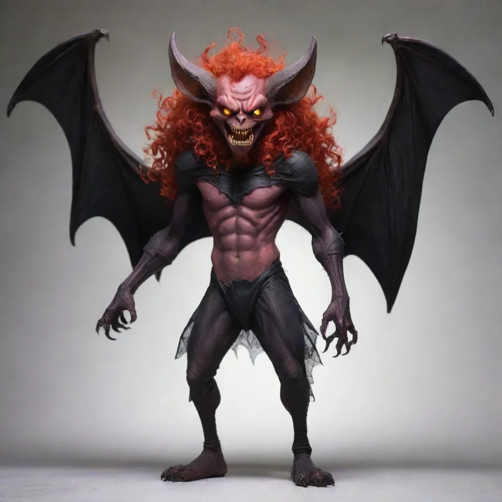 a bat demon with red curly hairtall