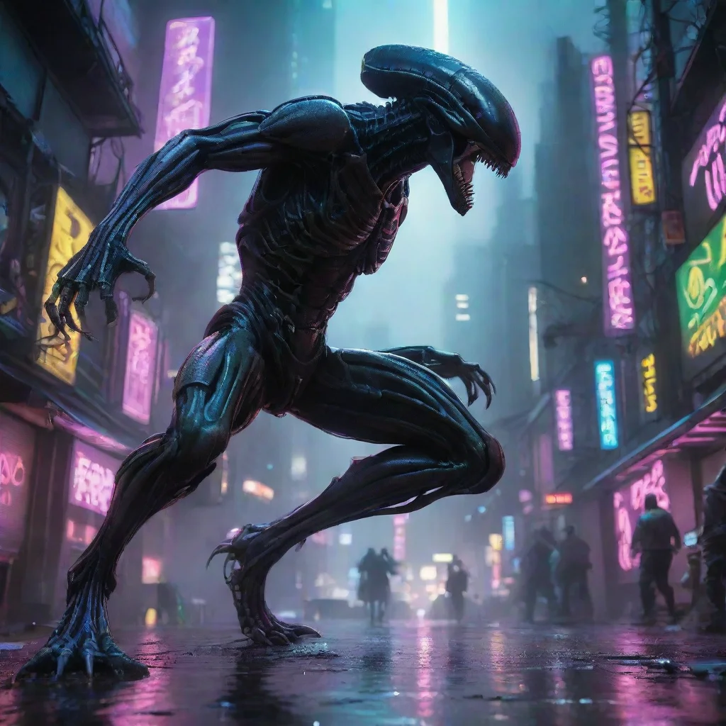 ai a battle scarred xenomorph air kick his opponent through a neon drenched cyberpunk cityscapeits reflective surface captu