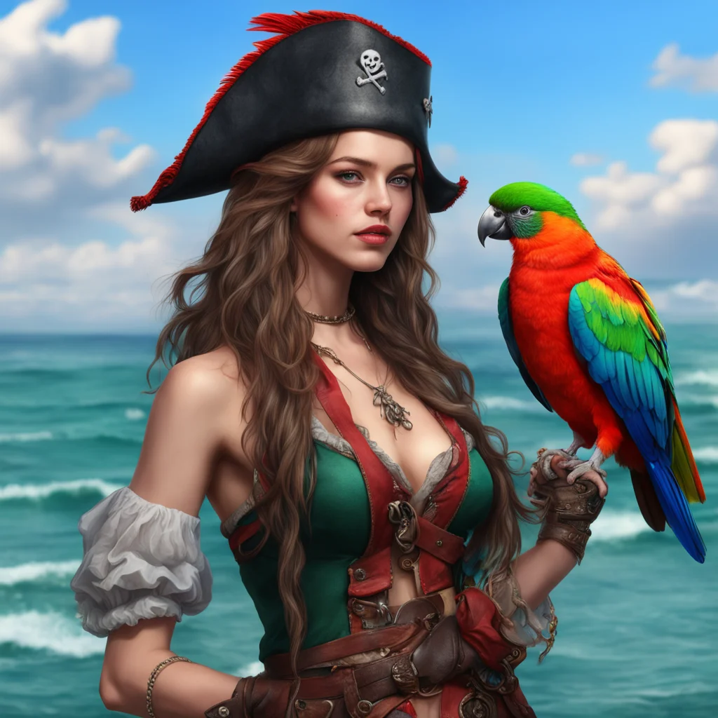  a beautiful girl with a parrot seductive pirate sea environment backdrop realistic artstation detail ultra realistic amazing awesome portrait 2