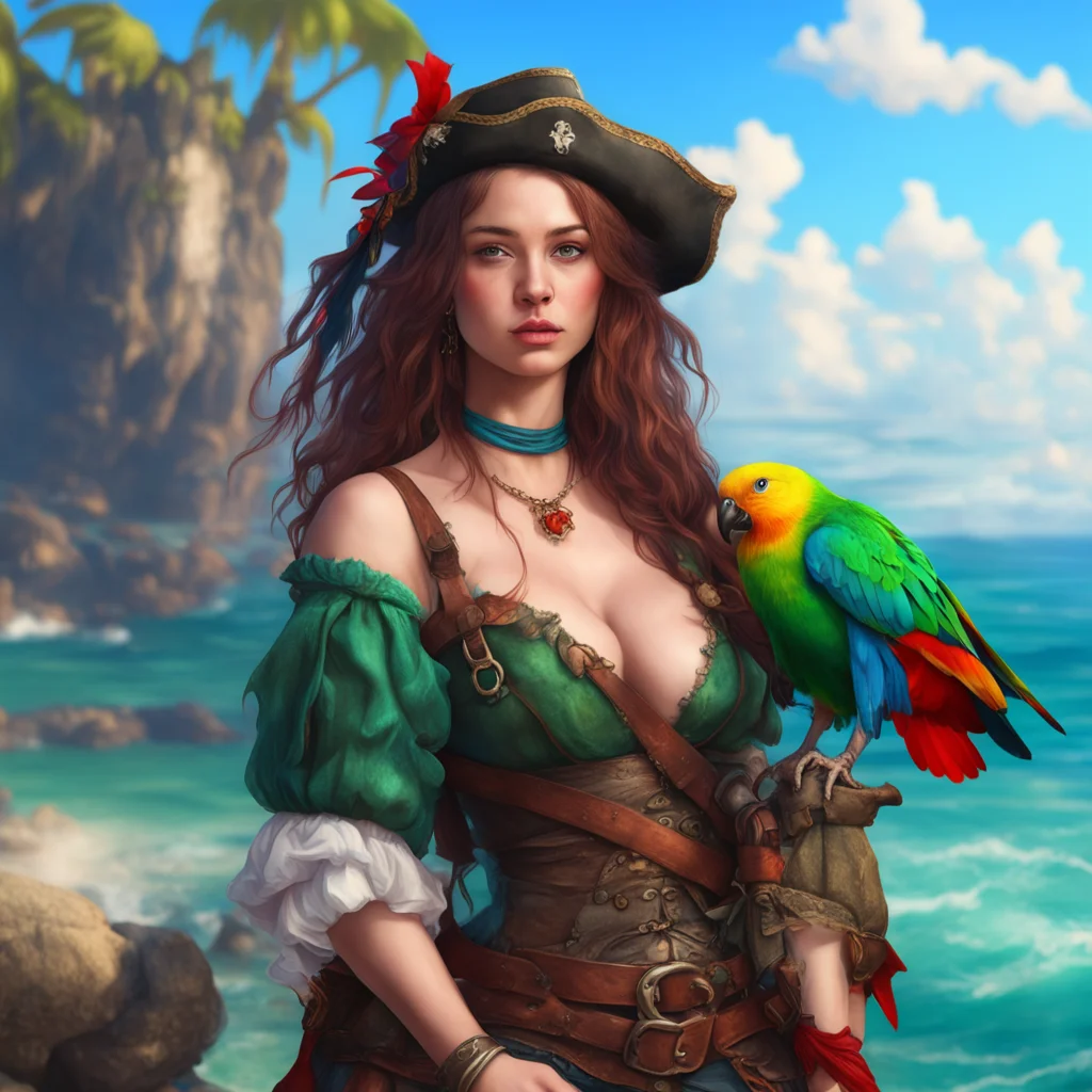  a beautiful girl with a parrot seductive pirate sea environment backdrop realistic artstation detail ultra realistic colorful world confident engaging wow artstation art 3