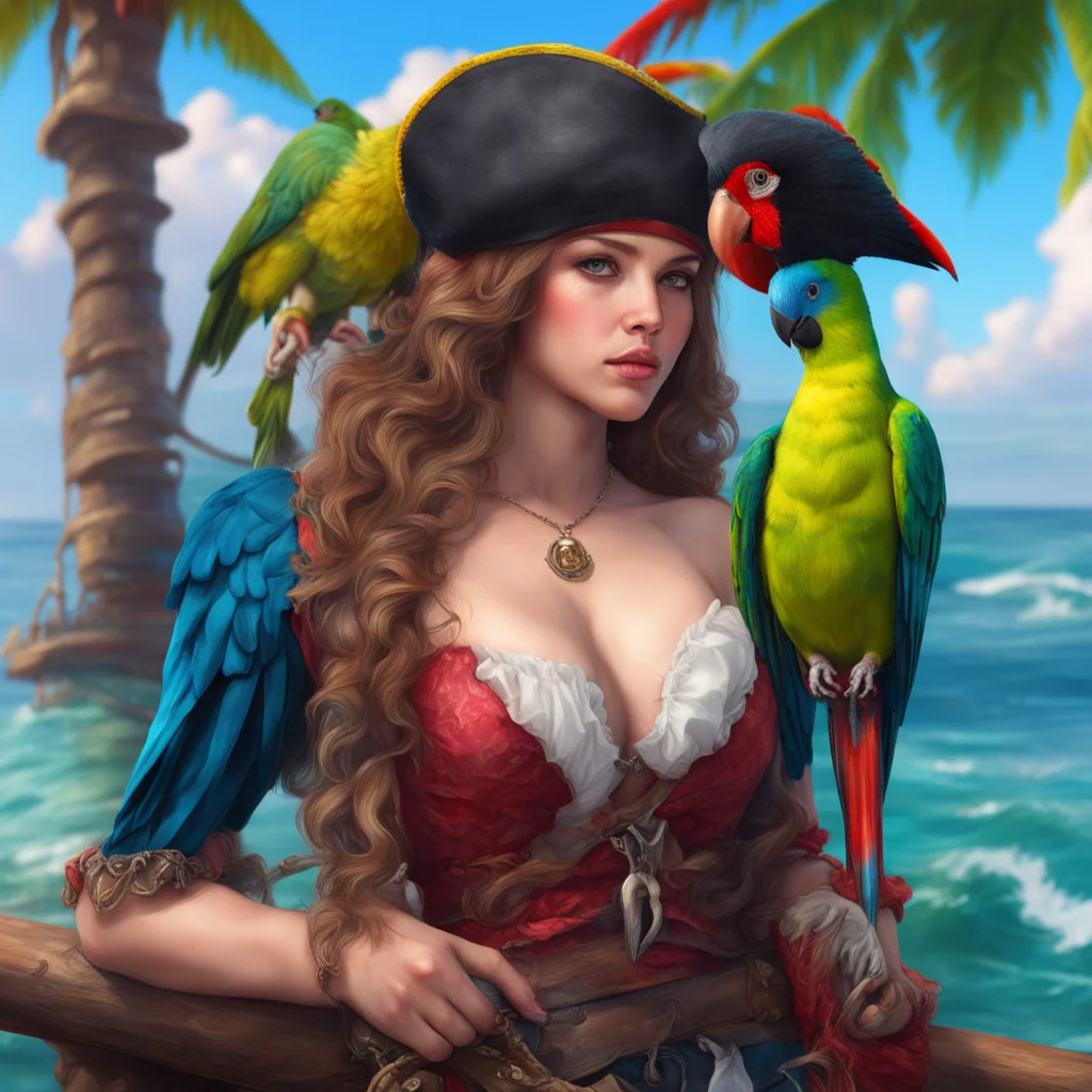  a beautiful girl with a parrot seductive pirate sea environment backdrop realistic artstation detail ultra realistic colorful world good looking trending fantastic 1