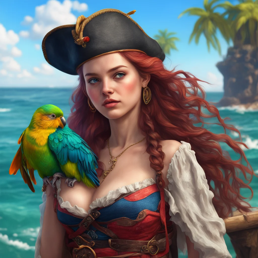  a beautiful girl with a parrot seductive pirate sea environment backdrop realistic artstation detail ultra realistic colorful world