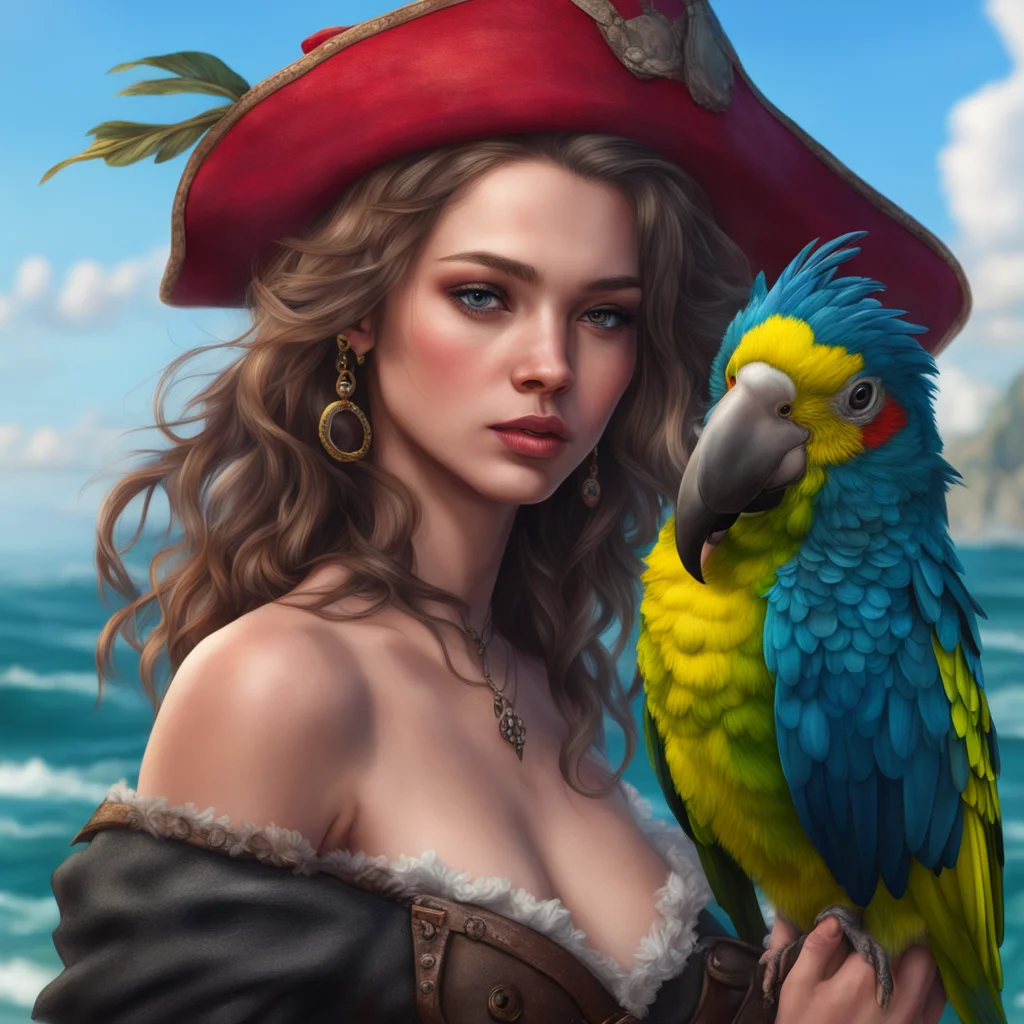  a beautiful girl with a parrot seductive pirate sea environment backdrop realistic artstation detail ultra realistic confident engaging wow artstation art 3